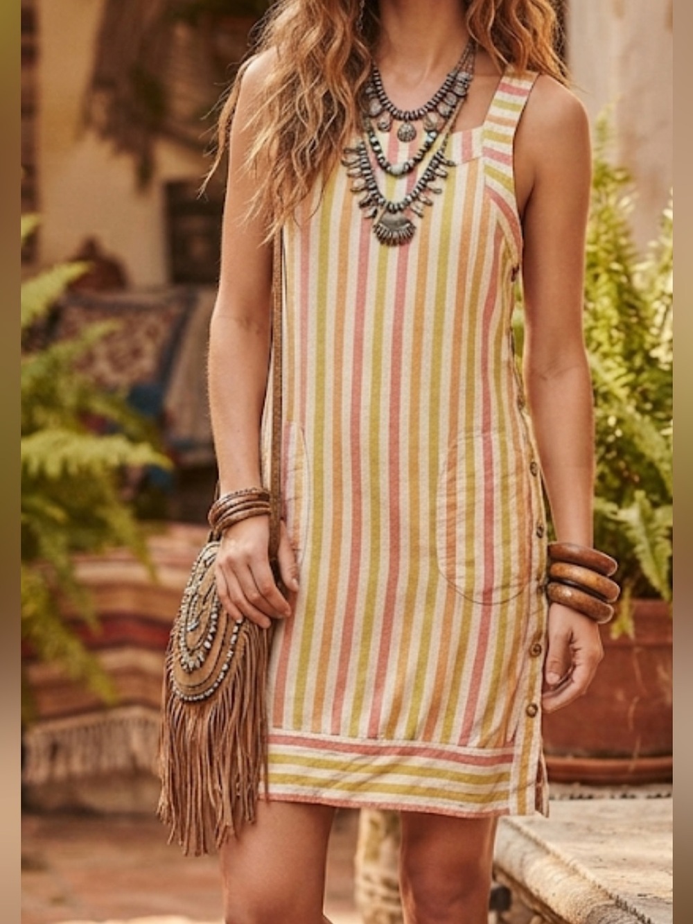FORCYNTHIA Linen Blend Striped Summer Dress Pockets NWT Medium